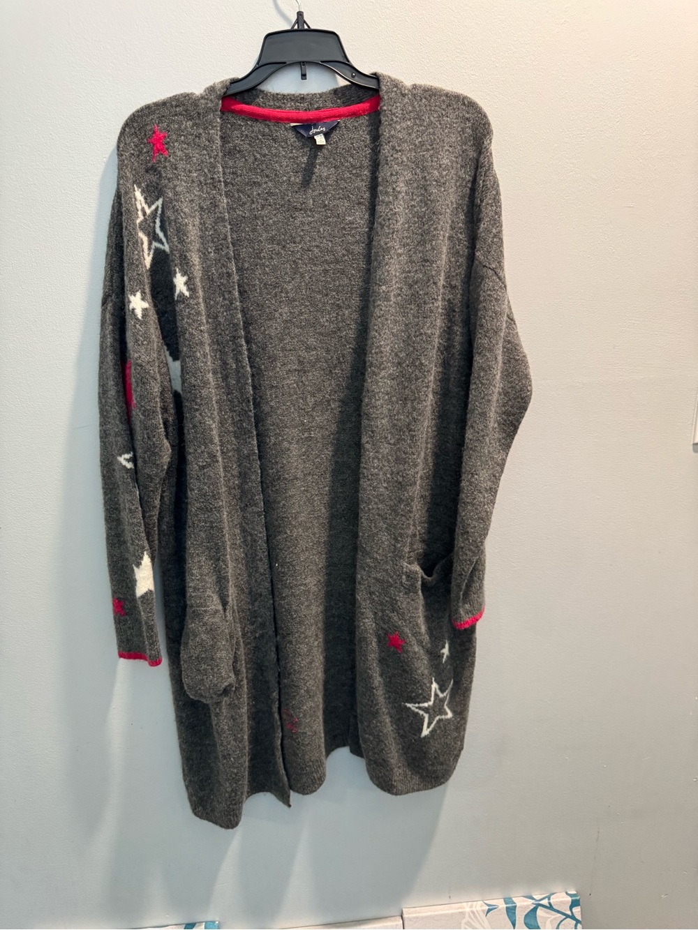 Cozy Gray Star-Accent Open Cardigan Sweater Sz 12